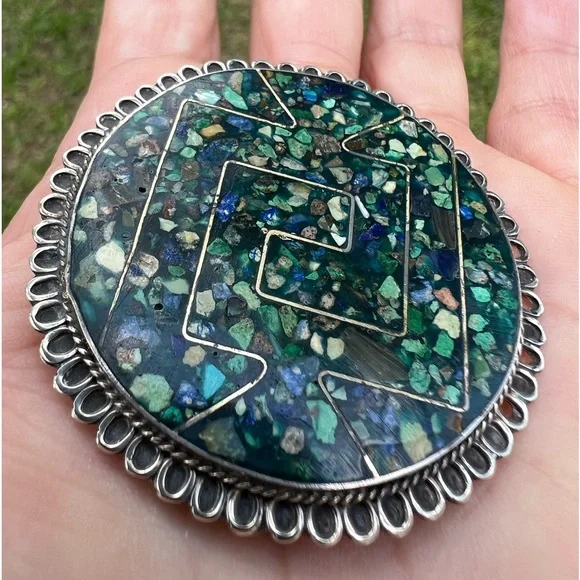Vintage Sterling Silver Taxco Mexico Turquoise & Lapis Inlay Brooch Pendant - Picture 6 of 17